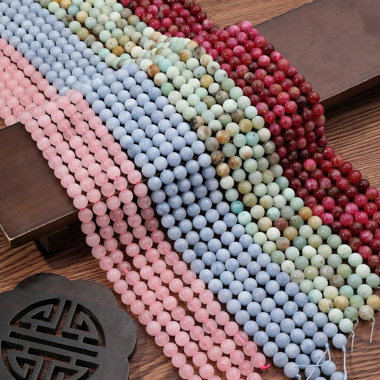 Fil de Perles en Pierres Naturelles – Tourmaline, Quartz Rose, Aigue-marine & Amazonite