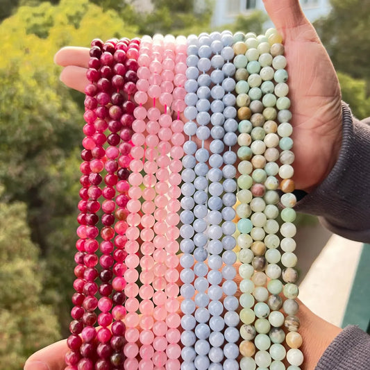 Fil de Perles en Pierres Naturelles – Tourmaline, Quartz Rose, Aigue-marine & Amazonite
